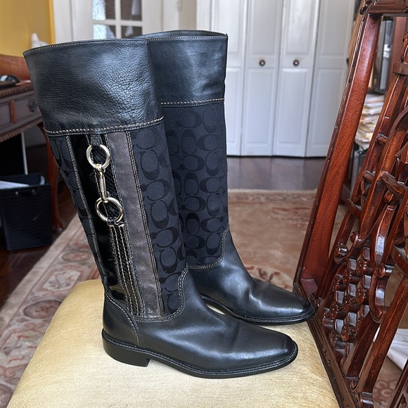 Coach ROCHELLE Pull on Signature Canvas Leather Black Riding Boots - Picture 4 of 16
